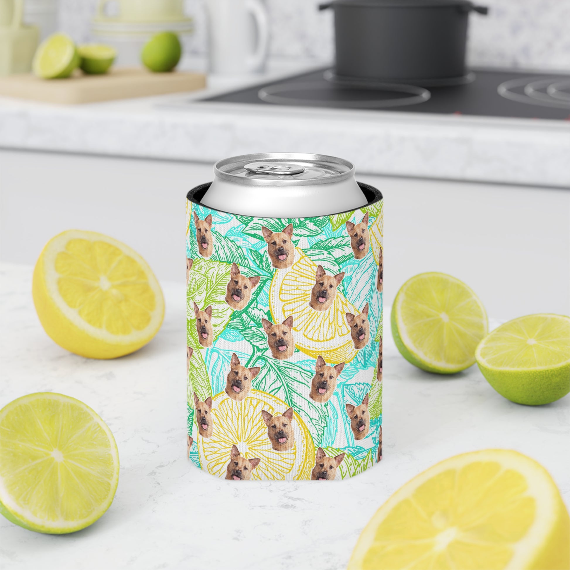 Can cooler with dog pattern surrounded by lemons and limes on a kitchen  counter - Pop Your pup