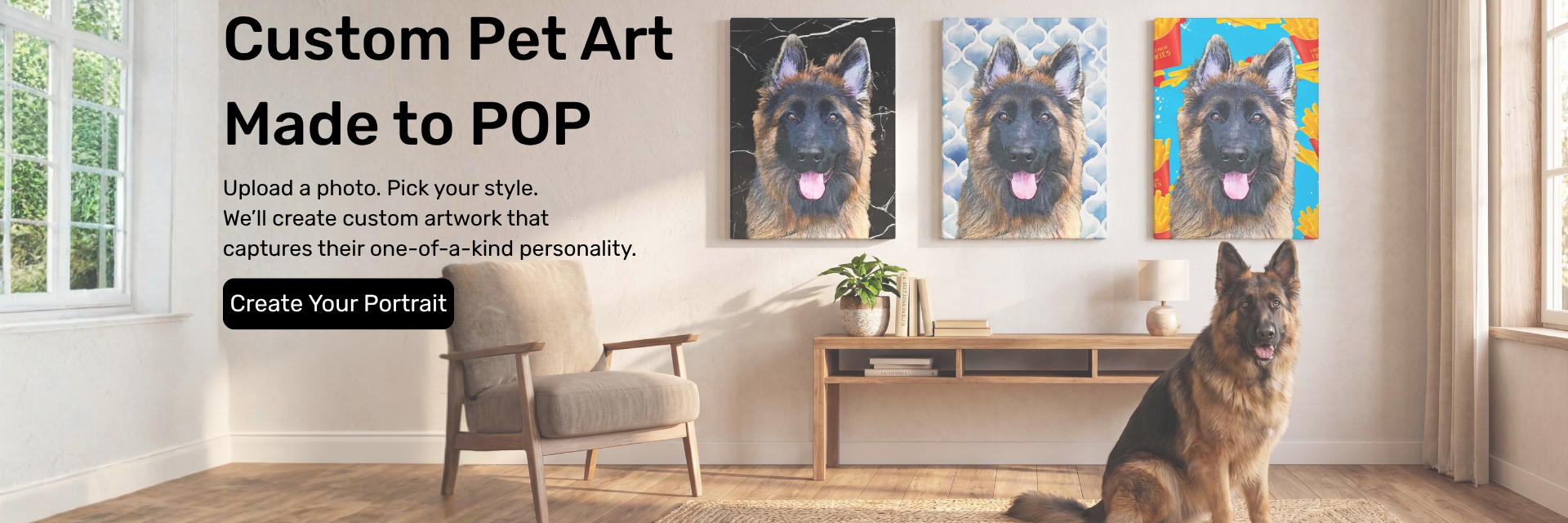 Living room with a dog and framed pet art, promotional text for custom pet art service, Pop Your Pup