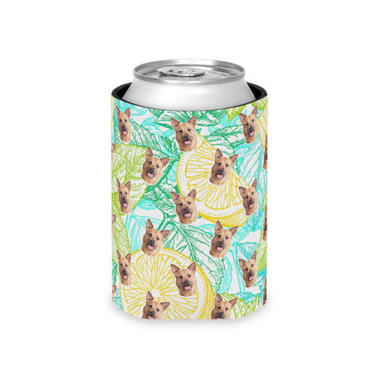 Can cooler with a pattern of dogs and lemons on a white background - Pop Your Pup