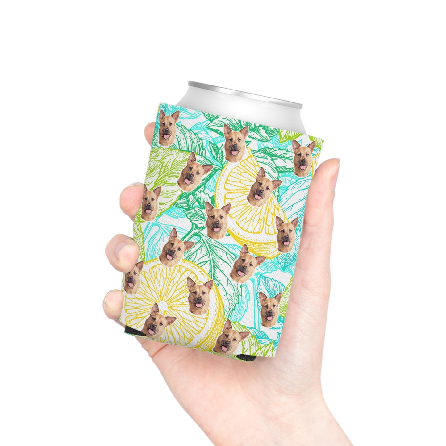 Hand holding a can with a colorful pattern of dogs and lemons on a white background - Pop Your Pup