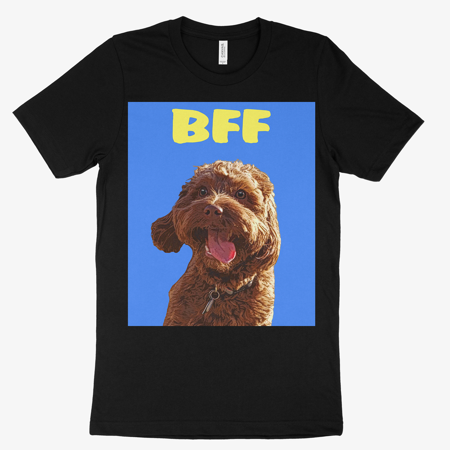 Black t-shirt with a dog graphic and 'BFF' text on a blue background -  Pop Your Pup