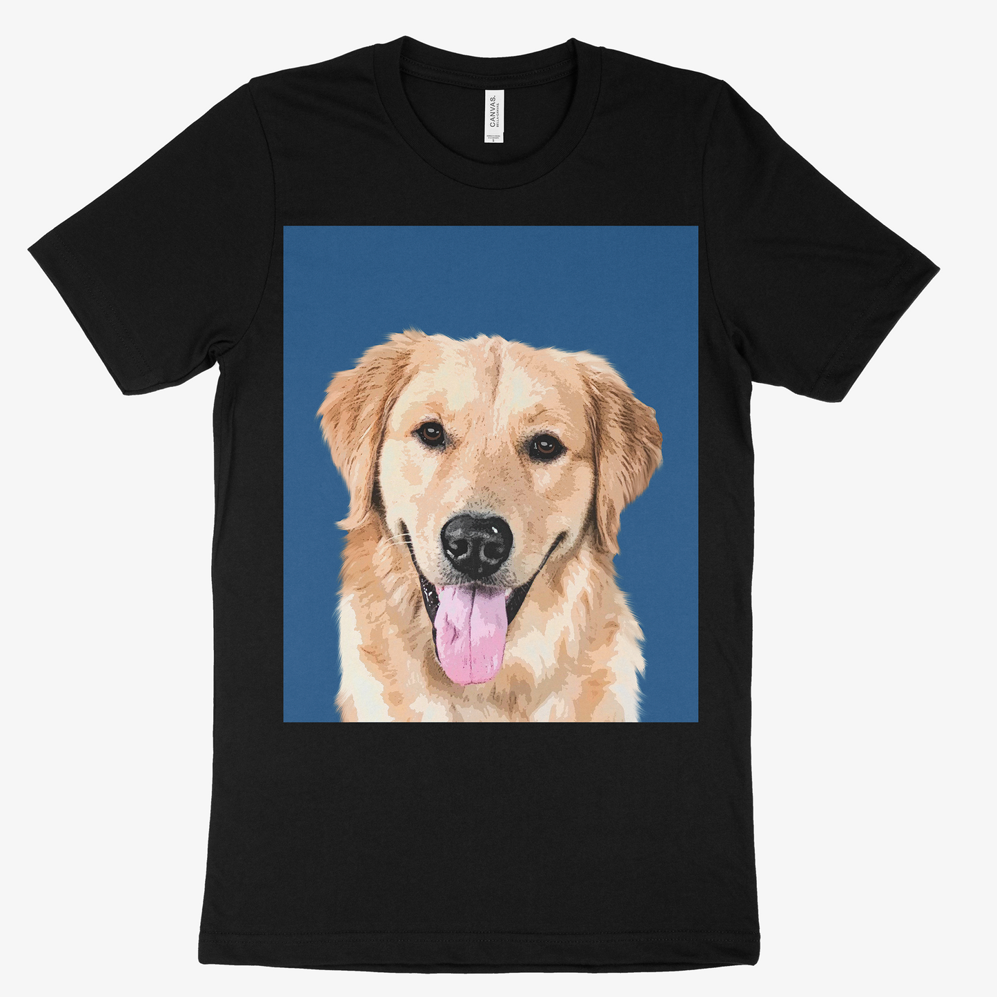 Black t-shirt with a golden retriever graphic on a blue background -  Pop Your Pup