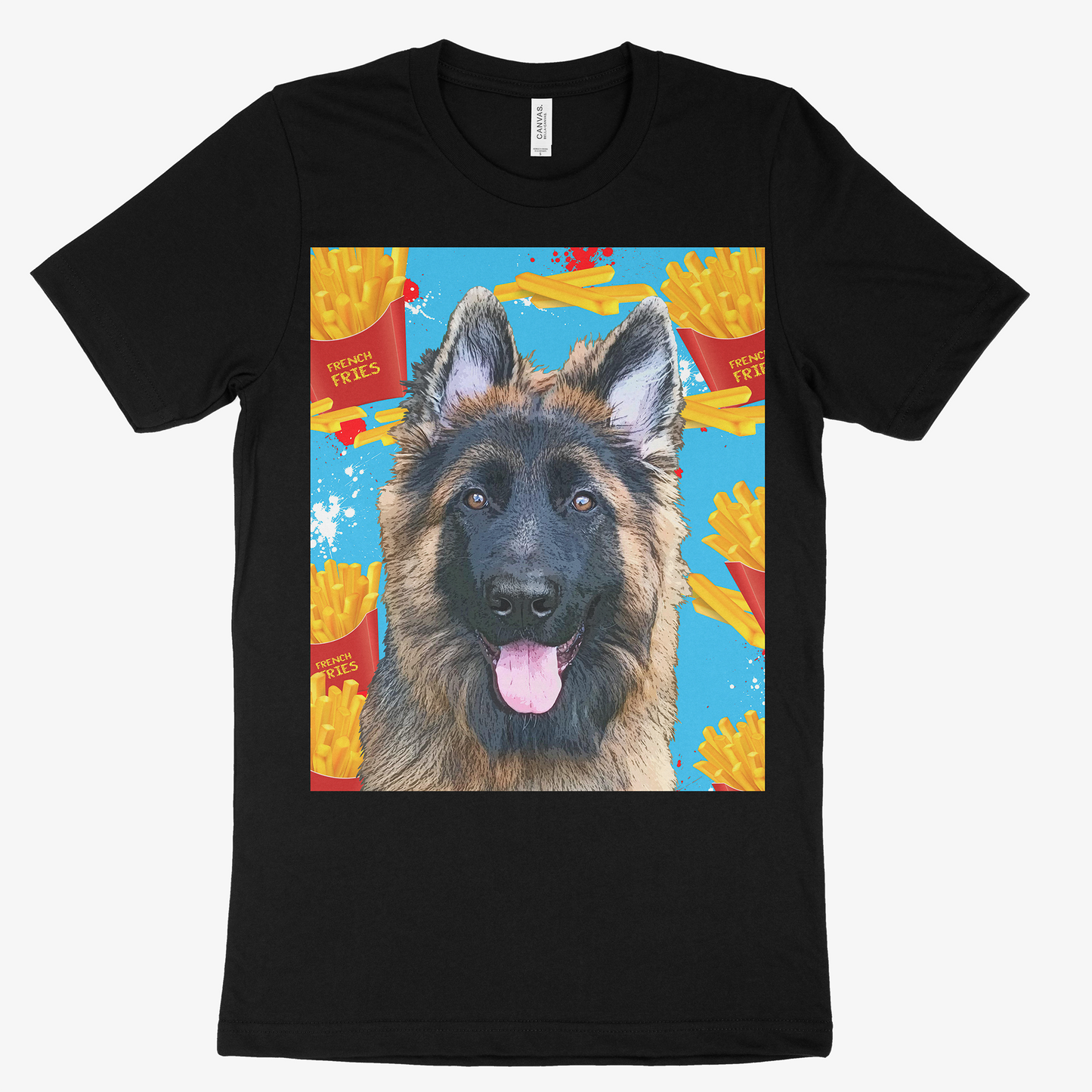 Black t-shirt with a colorful graphic of a dog and fries on a white background _ Pop Your Pup