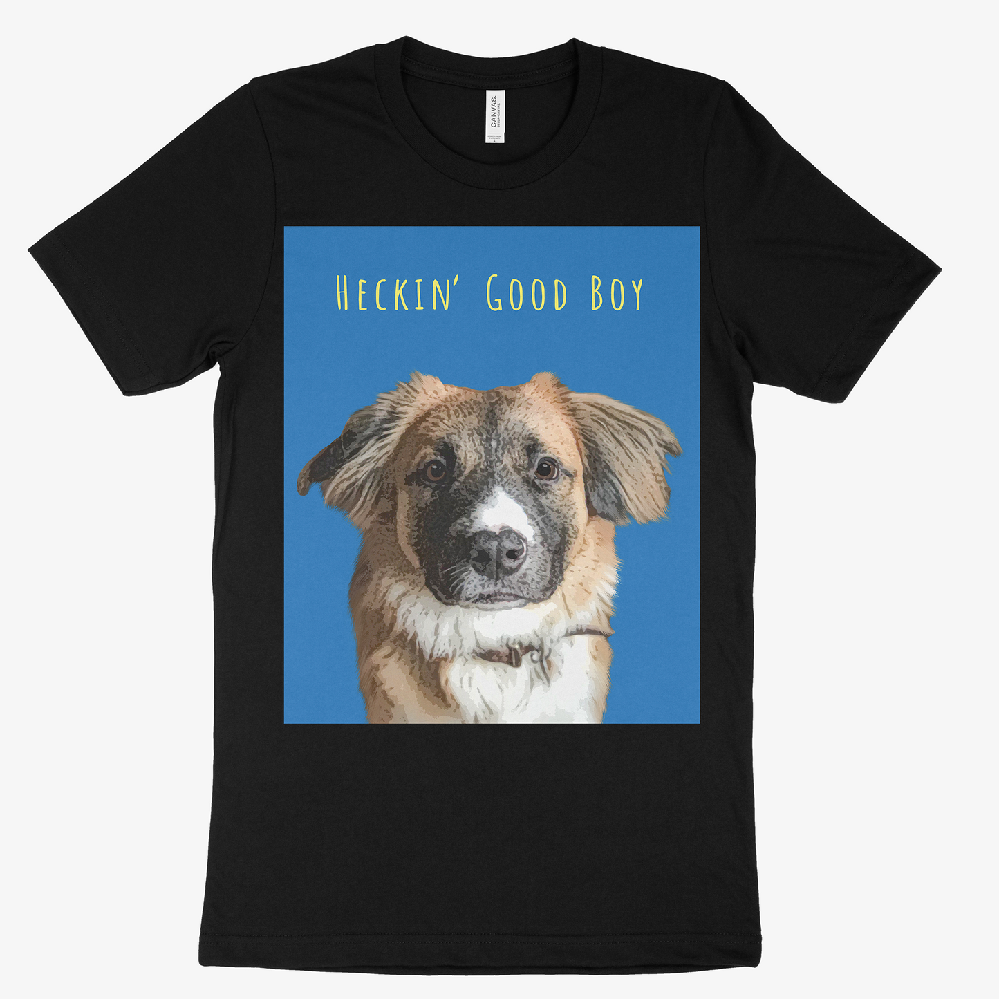 Black t-shirt with a dog and 'HECKIN' GOOD BOY' text on a blue background  Pop Your Pup