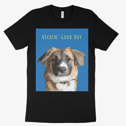 Black t-shirt with a dog and 'HECKIN' GOOD BOY' text on a blue background  Pop Your Pup
