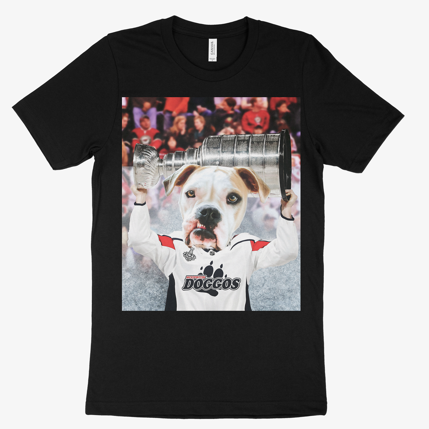 Black t-shirt with a graphic of a dog holding a trophy and 'DOGGO' text on a white background -  Pop Your Pup