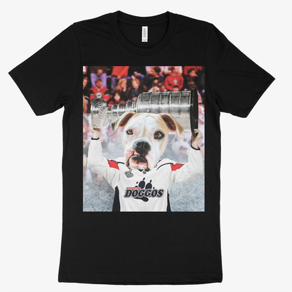 Black t-shirt with a graphic of a dog holding a trophy and 'DOGGO' text on a white background -  Pop Your Pup