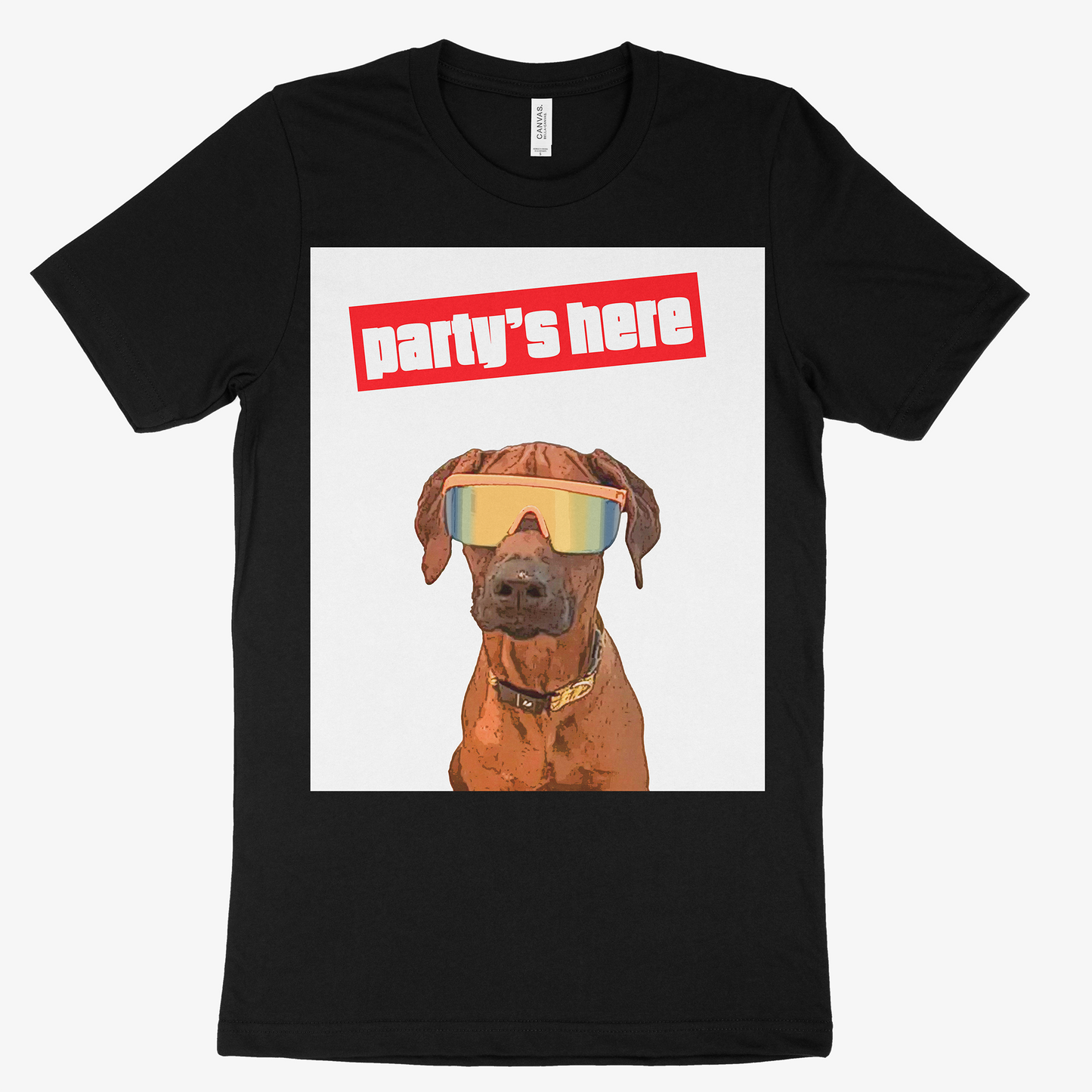 Black t-shirt with a dog wearing goggles and 'party's here' text -  Pop Your Pup