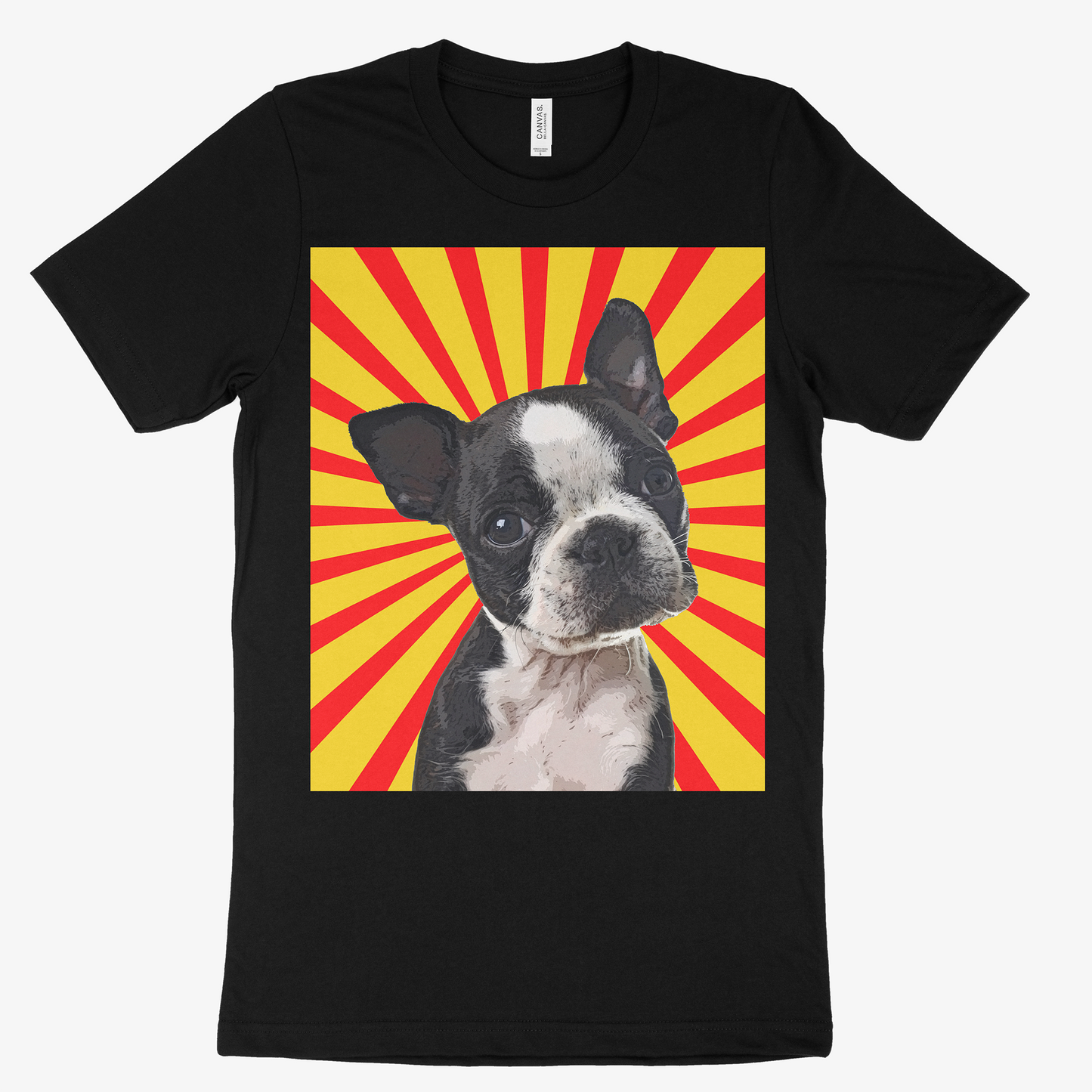 Black t-shirt with a dog graphic on a yellow and red sunburst background -  Pop Your Pup