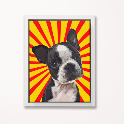 Framed canvas artwork of a dog with a red and yellow sunburst pattern on a white background - Pop Your Pup