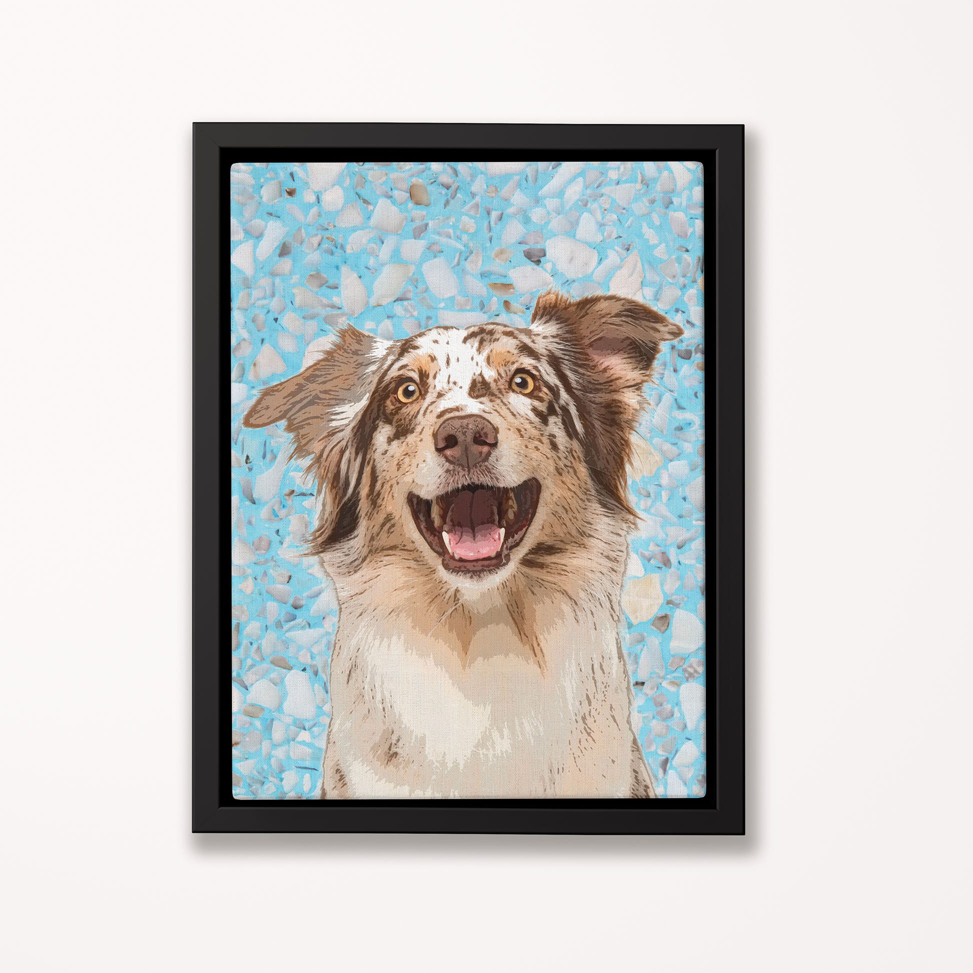 Framed artwork of a dog with a blue mosaic background - Pop Your Pup