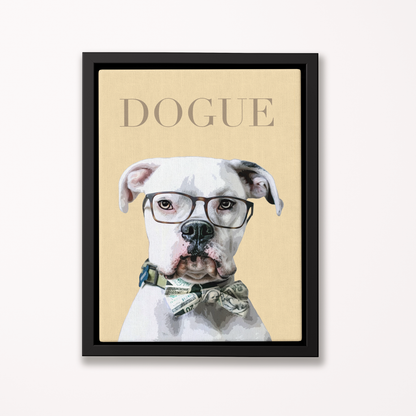Framed artwork of a dog wearing glasses and a bow tie with 'DOGUE' text on a beige background - Pop Your Pup
