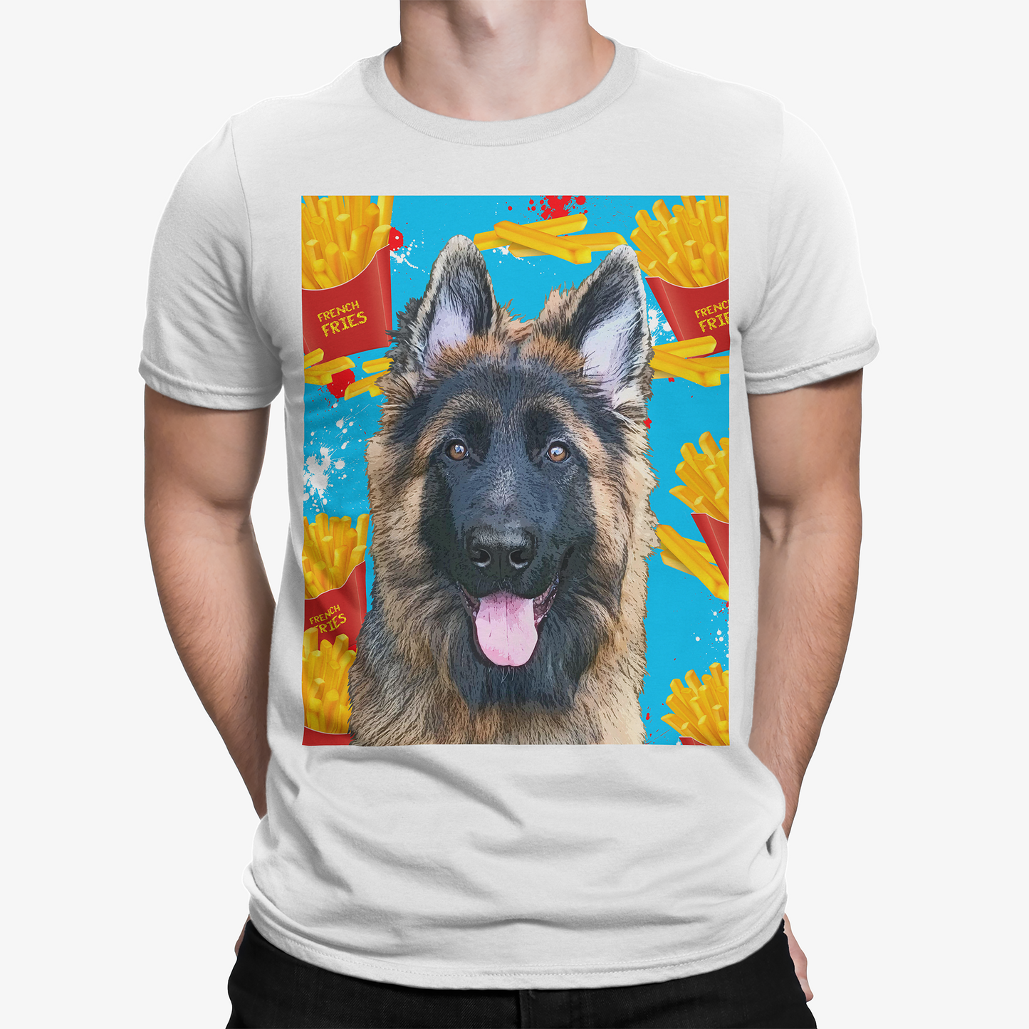 White t-shirt with a German Shepherd graphic on a colorful background - Pop Your Pup