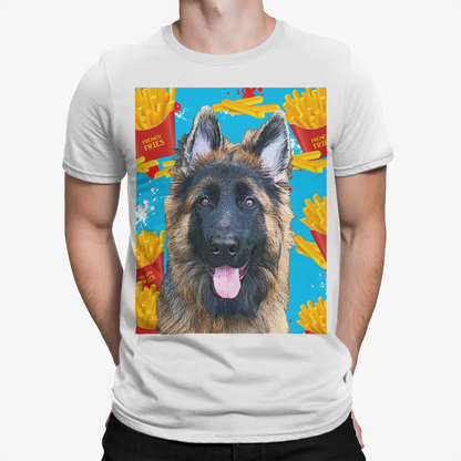 White t-shirt with a German Shepherd graphic on a colorful background - Pop Your Pup