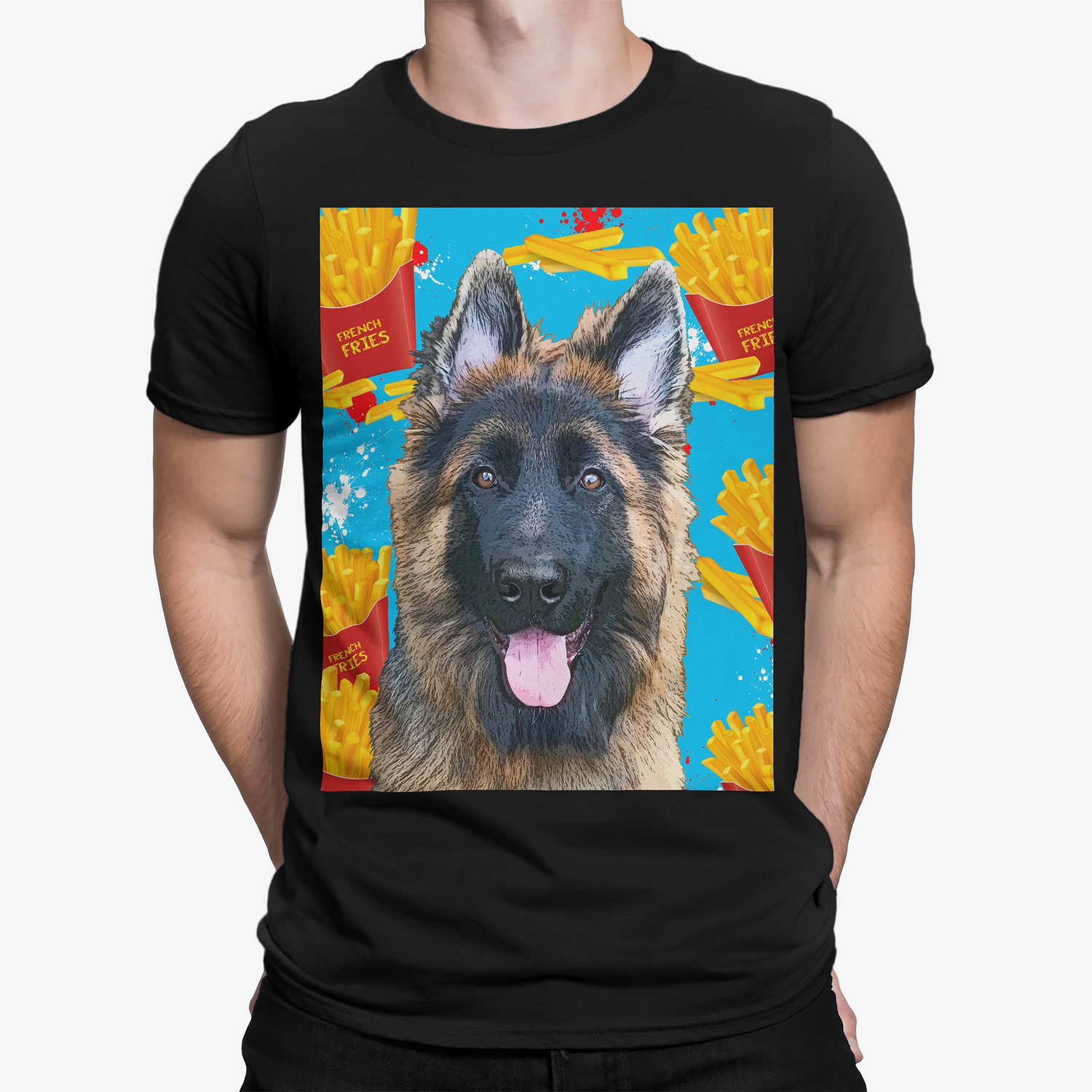 Black t-shirt with a German Shepherd graphic on a colorful background - Pop Your Pup