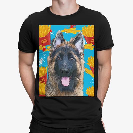 Black t-shirt with a German Shepherd graphic on a colorful background - Pop Your Pup