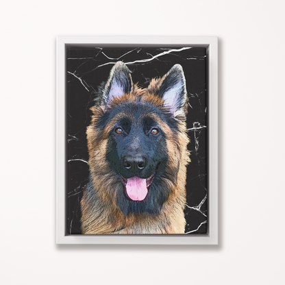 Framed artwork of a German Shepherd dog with a black marble background - Pop Your Pup