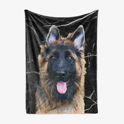 Fleece blanket with a German Shepherd design on a black marble background - Pop Your Pup