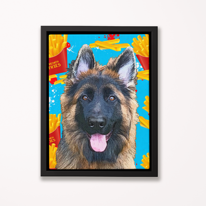 Framed artwork of a dog with a colorful background featuring French fries. Pop Your Pup