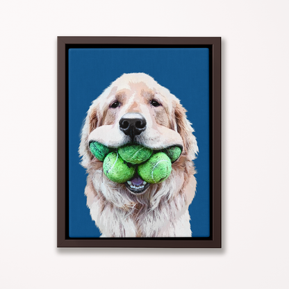 Framed canvas artwork of a dog holding green tennis balls against a blue background -Pop Your Pup