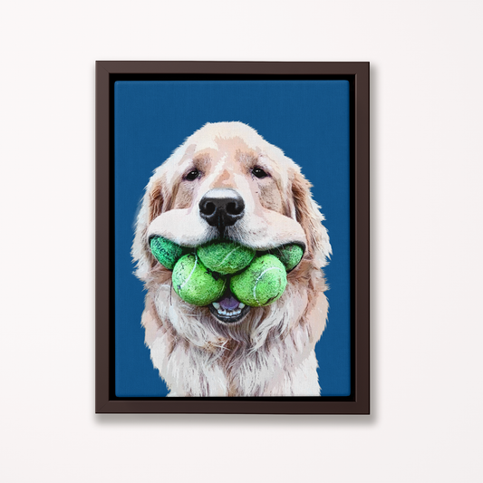 Framed canvas artwork of a dog holding green tennis balls against a blue background -Pop Your Pup