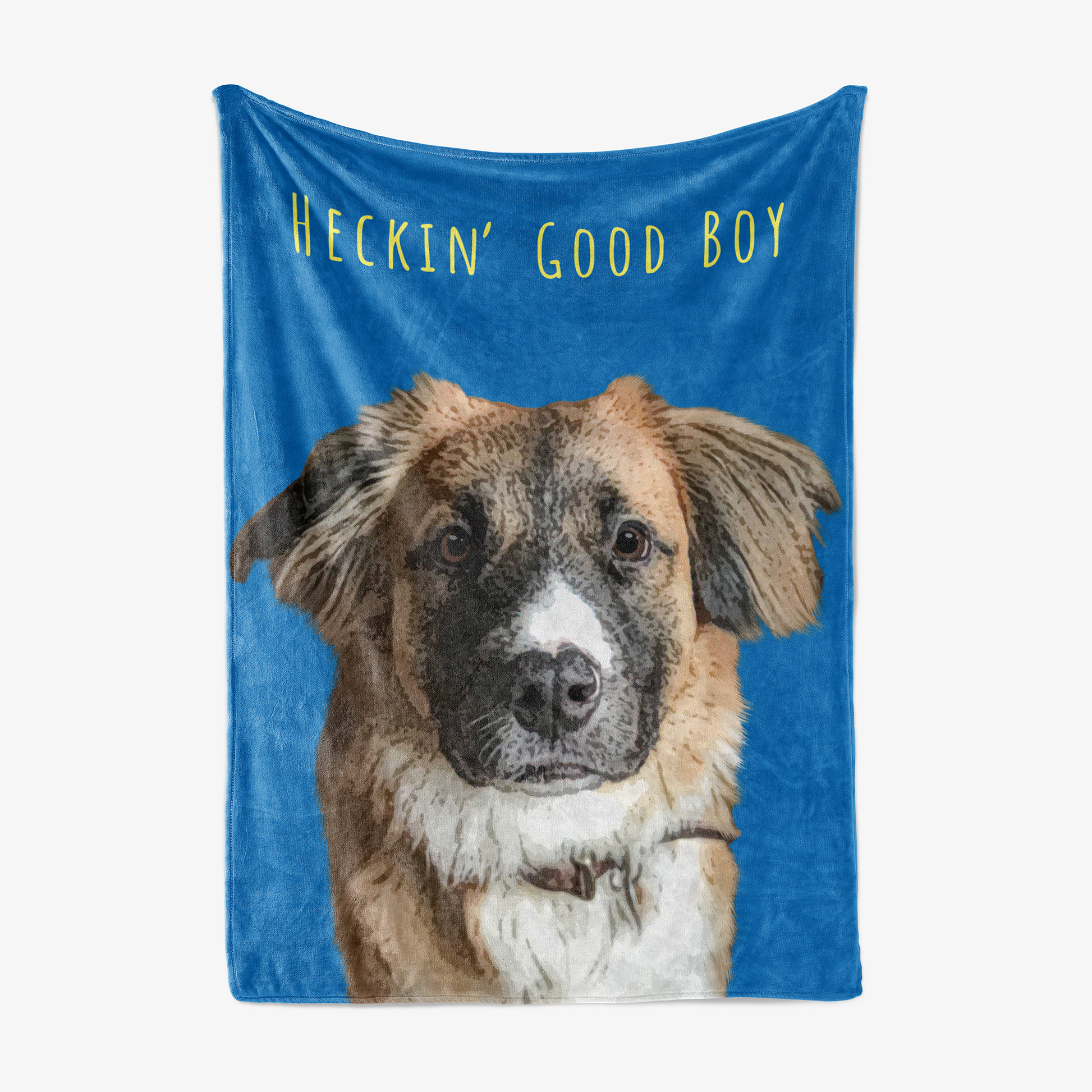 Blue blanket with a dog picture and 'HECKIN' GOOD BOY' text - Pop Your Pup
