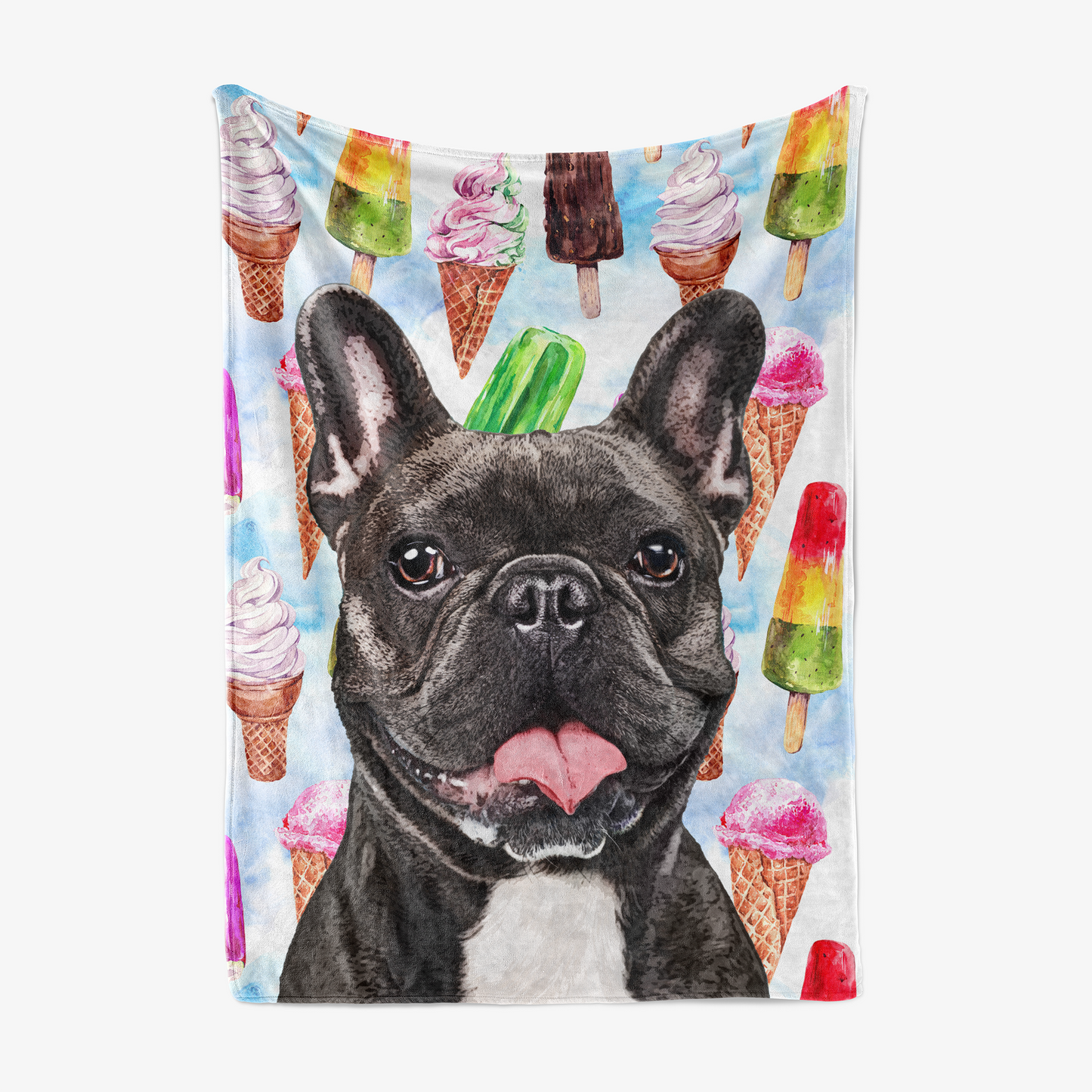 Fleece blanket with a black and white dog and ice cream cones design - Pop Your Pup