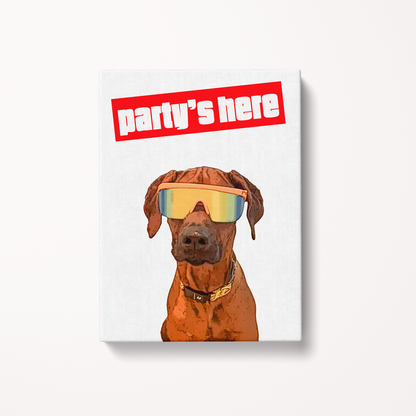 Card with a dog wearing sunglasses and 'party's here' text on a white background