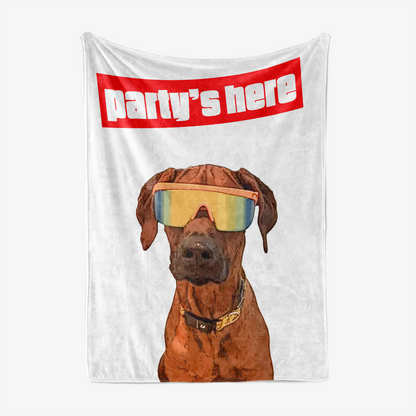 Blanket with a dog wearing goggles and 'Party's here' text - Pop Your Pup
