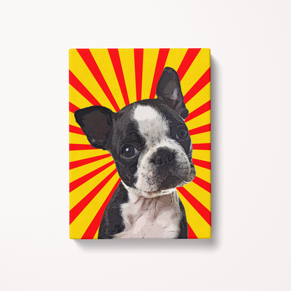 Canvas print of a dog's face with a red and yellow sunburst design on a white background