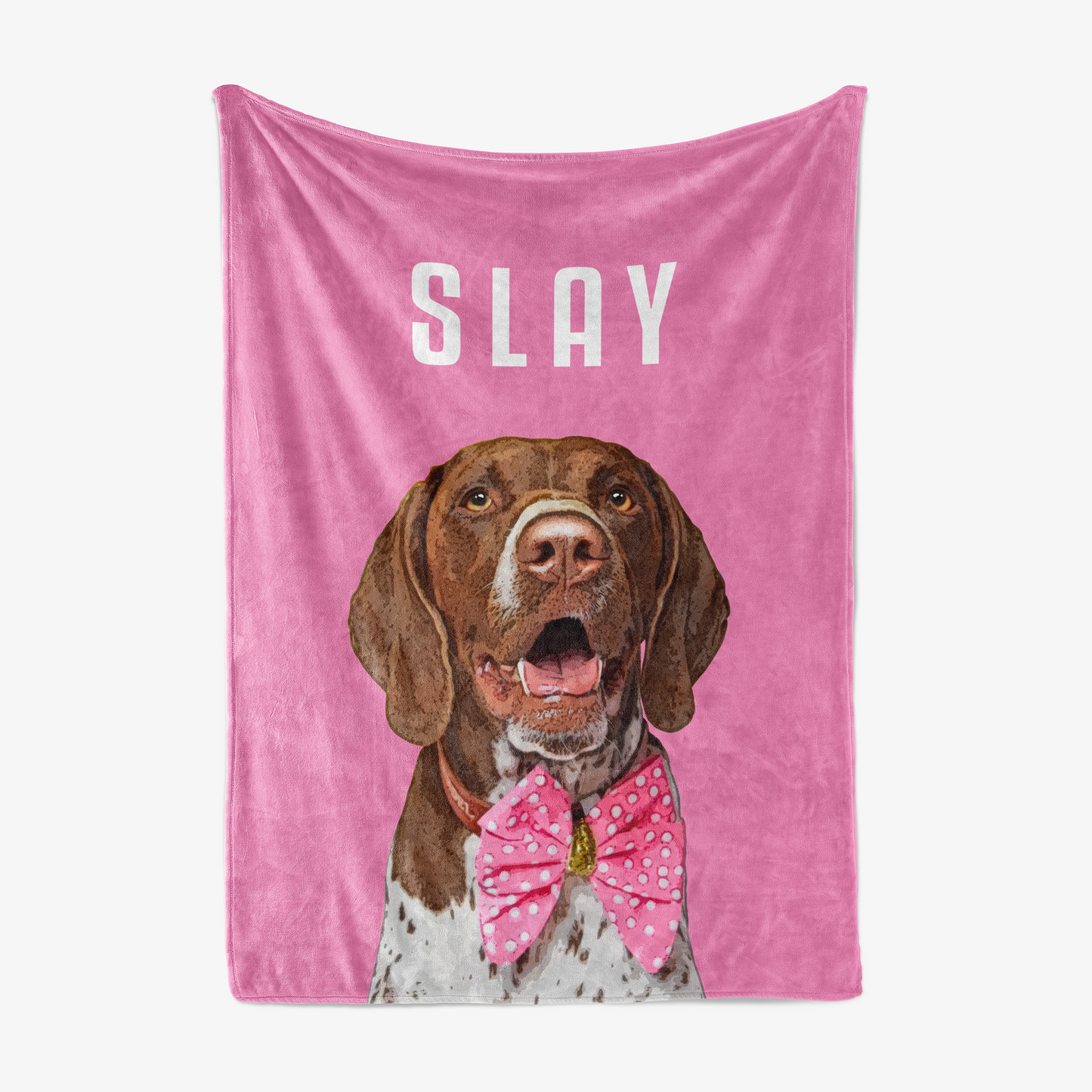 Pink blanket with a dog photo and 'SLAY' text background - Pop Your Pup