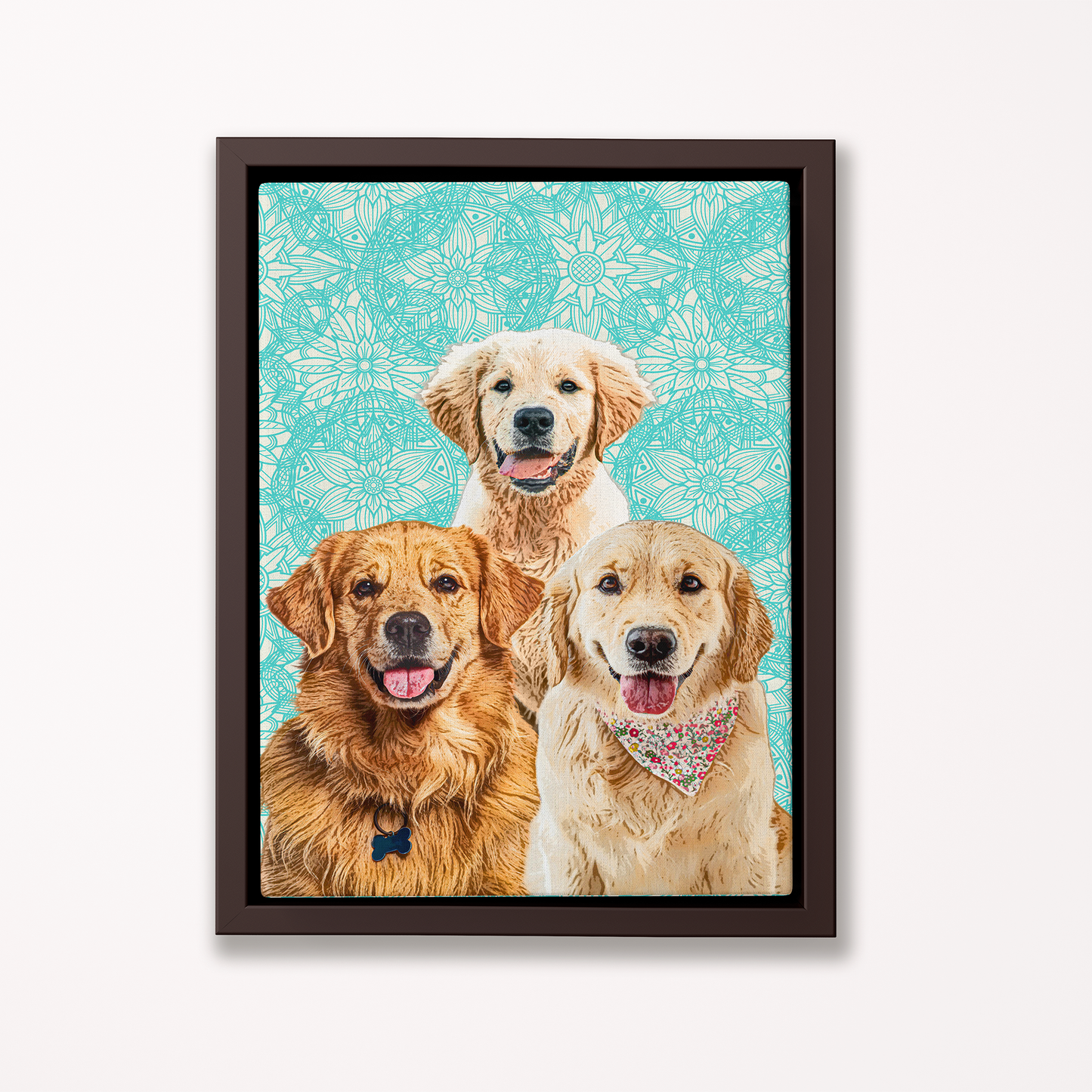 Framed artwork of three golden retrievers on a blue floral background - Pop Your Pup