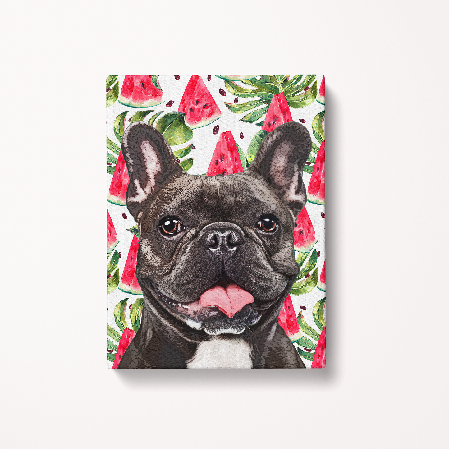 Notebook with a dog illustration on a watermelon and leaf pattern
