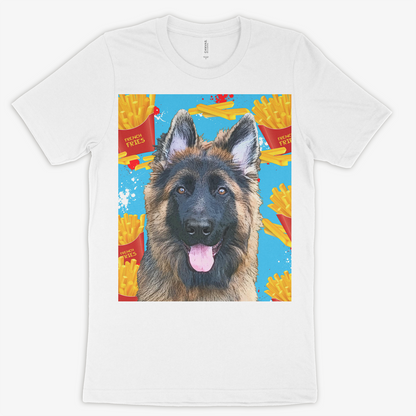 White t-shirt with a German Shepherd graphic and Fries background - Pop Your Pup