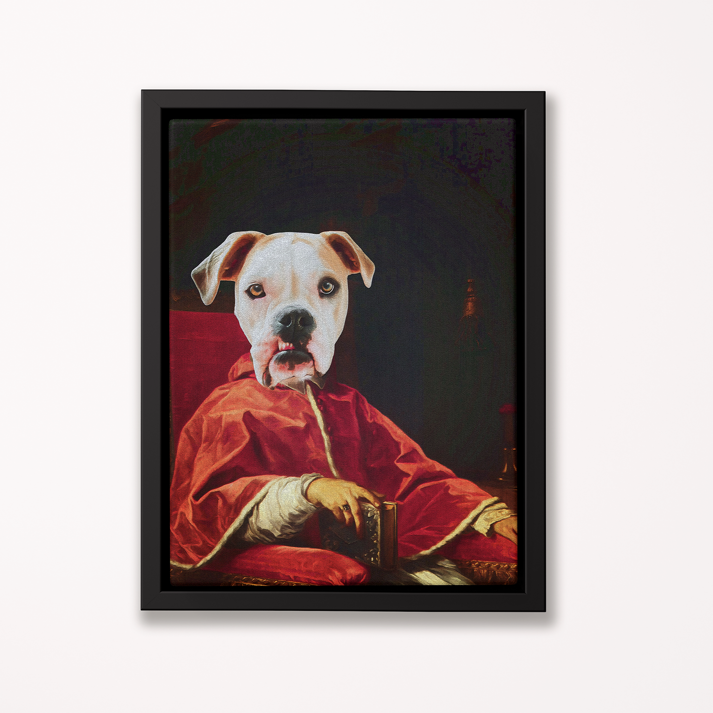 Framed artwork of a dog in a red robe on a white background - Pop Your Pup