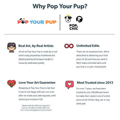 Promotional text for Pop Your Pup service with brand logos and key features.