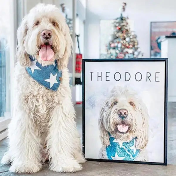 Custom Pet Art Framed Canvas fluffy white dog blue bandana