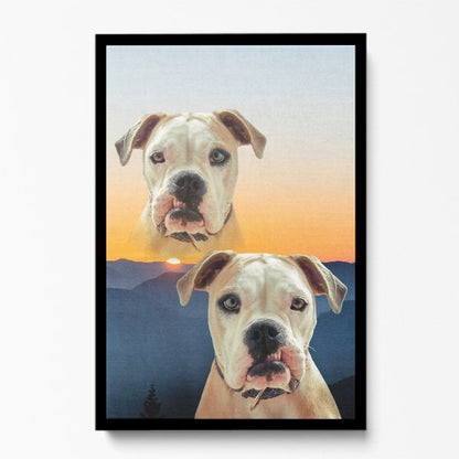 Framed artwork of a dog's face with a mountain and sunset background.
