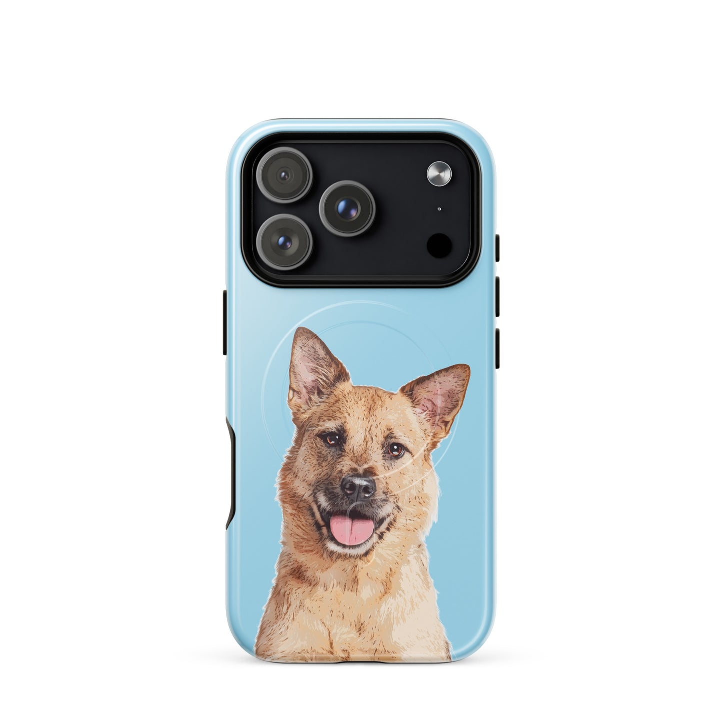 Phone case with a dog's face on a light blue background