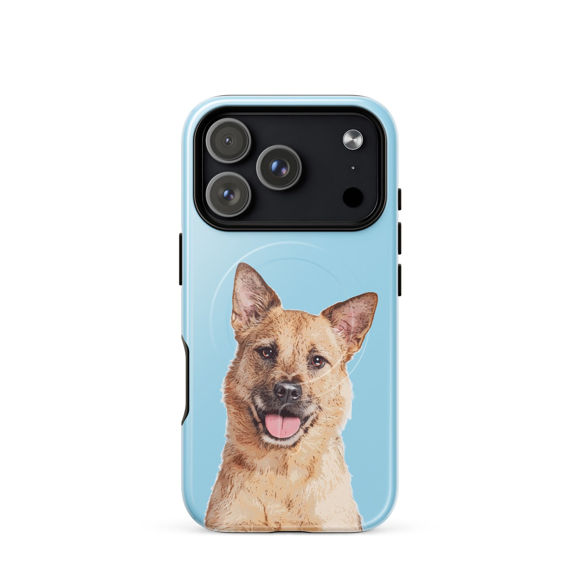 Phone case with a dog's face on a light blue background