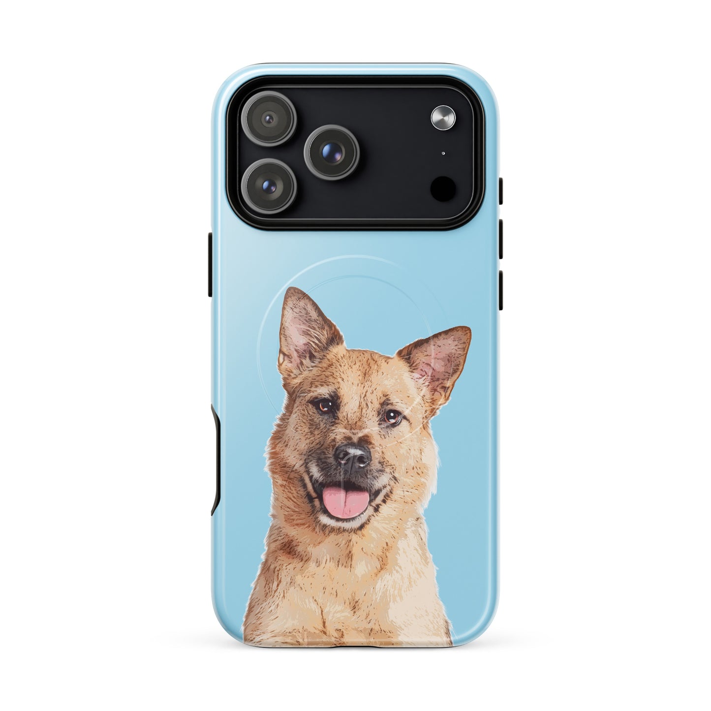 Phone case with a dog's face on a light blue background