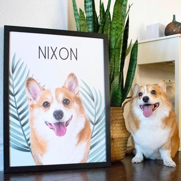 Framed portrait of a dog named Nixon with a plant in the background