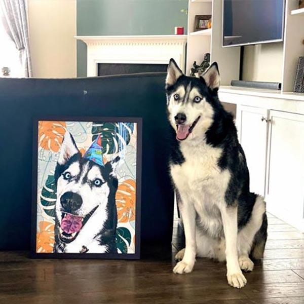 Dog sitting next to a framed picture of itself wearing a party hat in a living room setting.