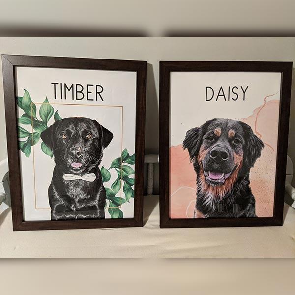 Two framed illustrations of dogs named Timber and Daisy on a white surface.