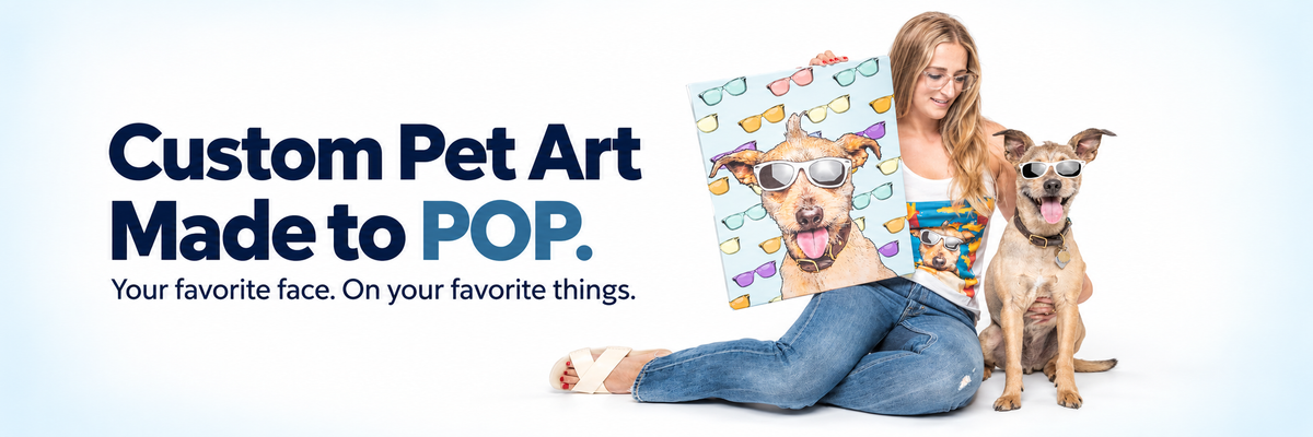A woman sits on the floor with her dog beside her, holding a colorful custom pet art print featuring a dog wearing sunglasses. The background is white with the text 'Custom Pet Art Made to POP.