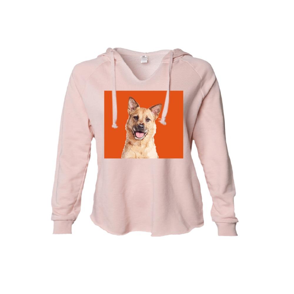 A pink hoodie with a graphic print of a dog's face on the front.