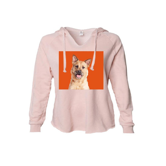 A pink hoodie with a graphic print of a dog's face on the front.